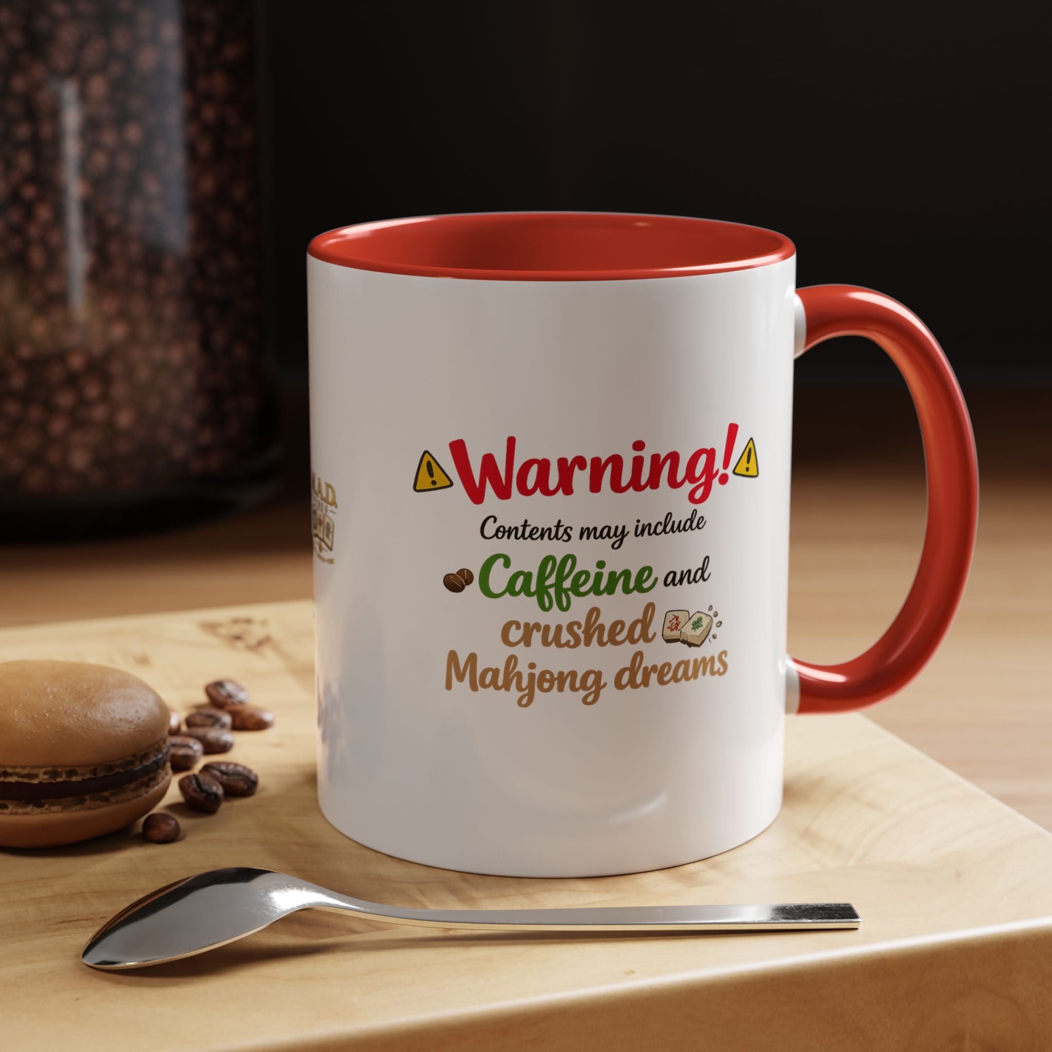 Mahjong Coffee Mug — "Warning! Contents may include Caffeine and Crushed Mahjong Dreams" Accent Mug