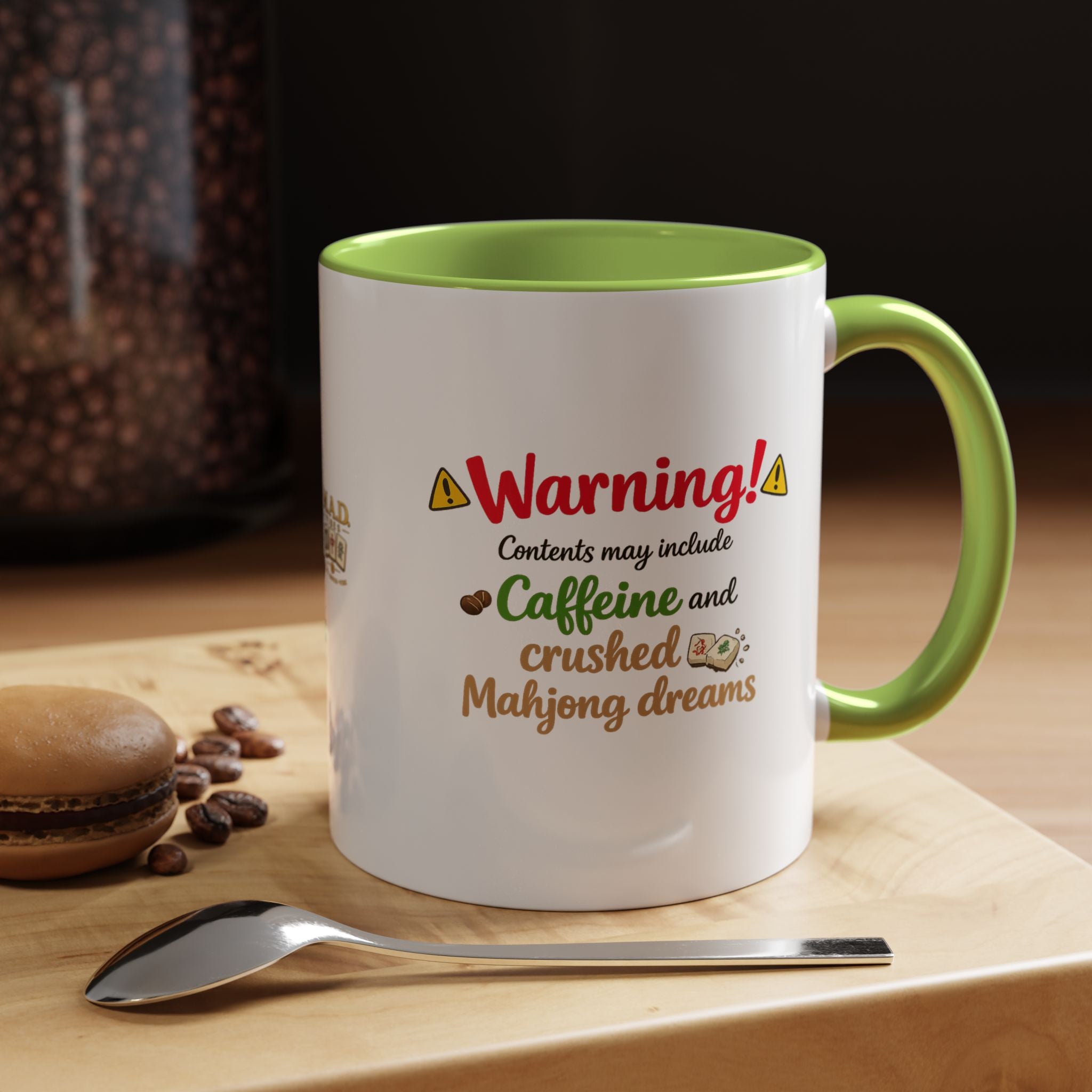 Mahjong Coffee Mug — "Warning! Contents may include Caffeine and Crushed Mahjong Dreams" Accent Mug